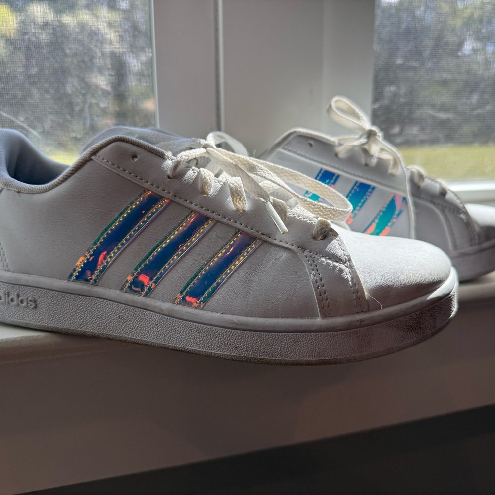 Adidas White Sneakers with Iridescent Blue Stripes